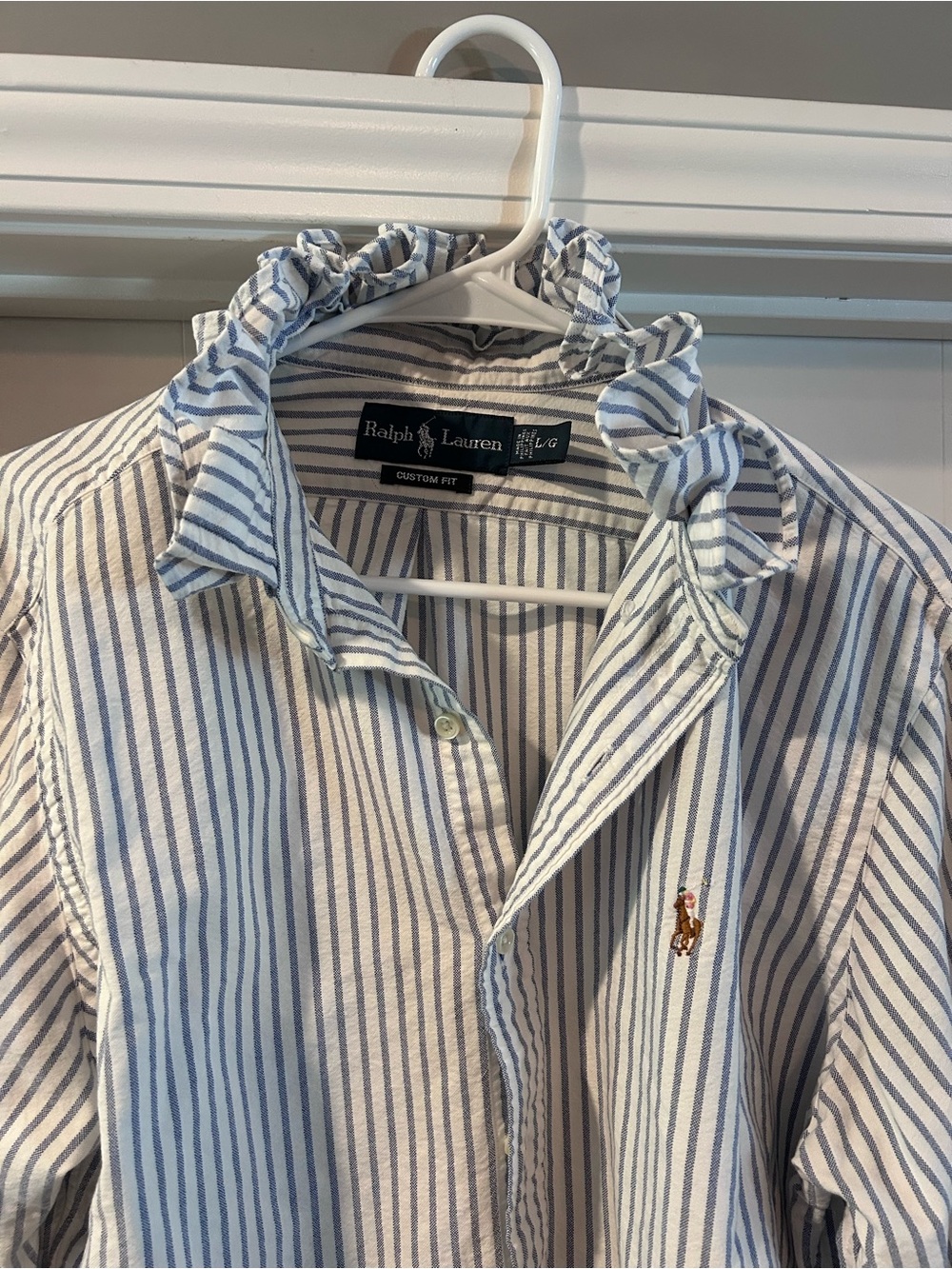 Men’s Upcycled Ralph Lauren Polo White & Blue Striped Button-Down Shirt Ruffle